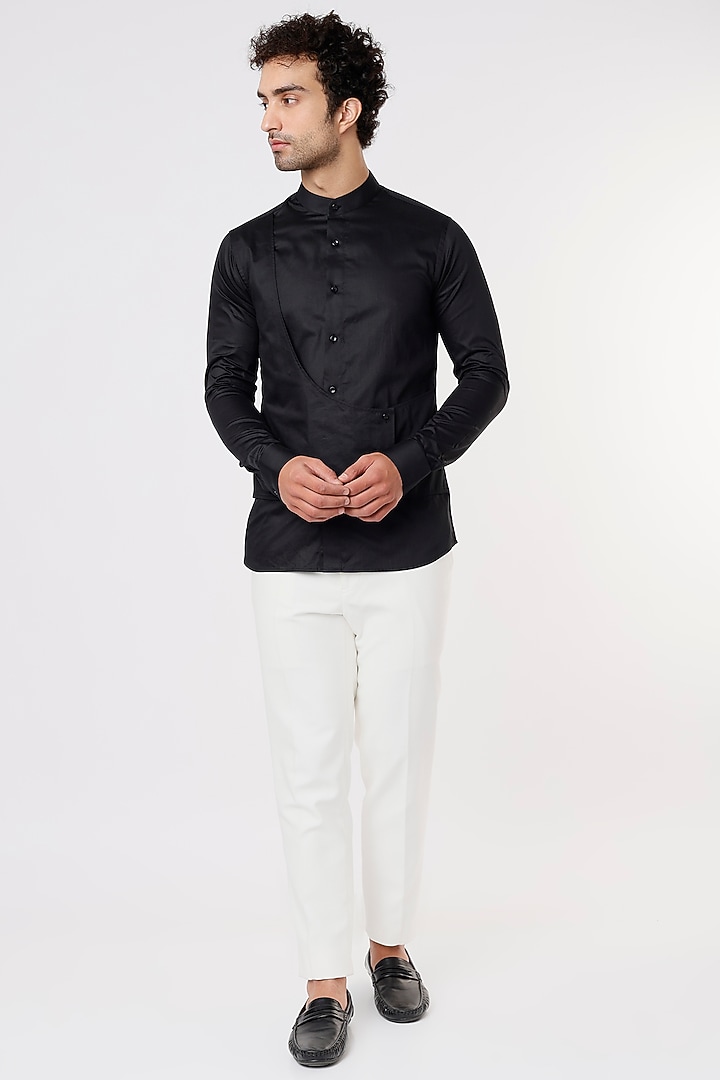 Black Cotton Satin Panelled Party Wear Shirt by Prima Czar at Pernia's Pop Up Shop