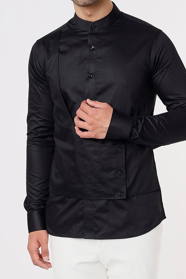 Black Cotton Satin Panelled Party Wear Shirt by Prima Czar at Pernia's Pop Up Shop