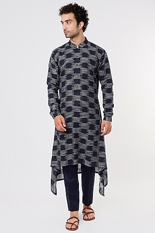 Cobalt Blue Cotton Asymmetrical Kurta Set by Prima Czar