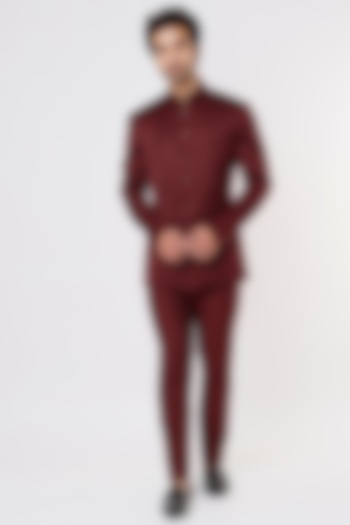 Maroon Satin Bandhgala Set by Prima Czar