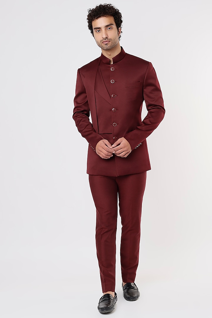 Maroon Satin Bandhgala Set by Prima Czar