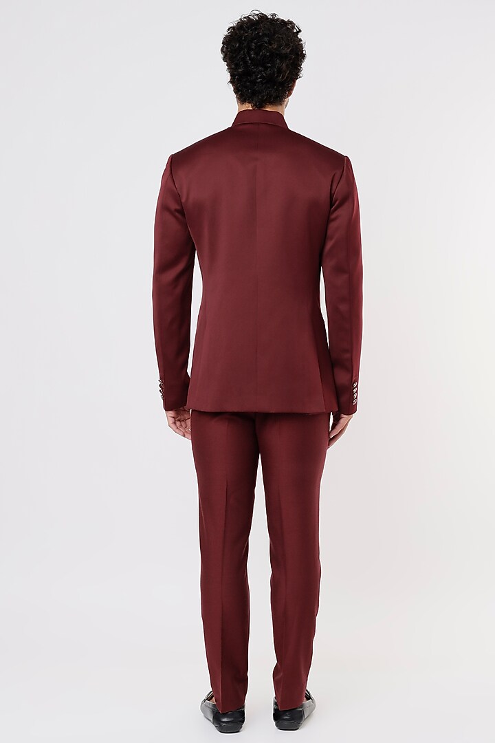 Maroon Satin Wedding Bandhgala Set by Prima Czar at Pernia's Pop Up Shop