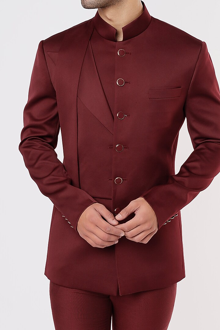 Maroon Satin Wedding Bandhgala Set by Prima Czar at Pernia's Pop Up Shop