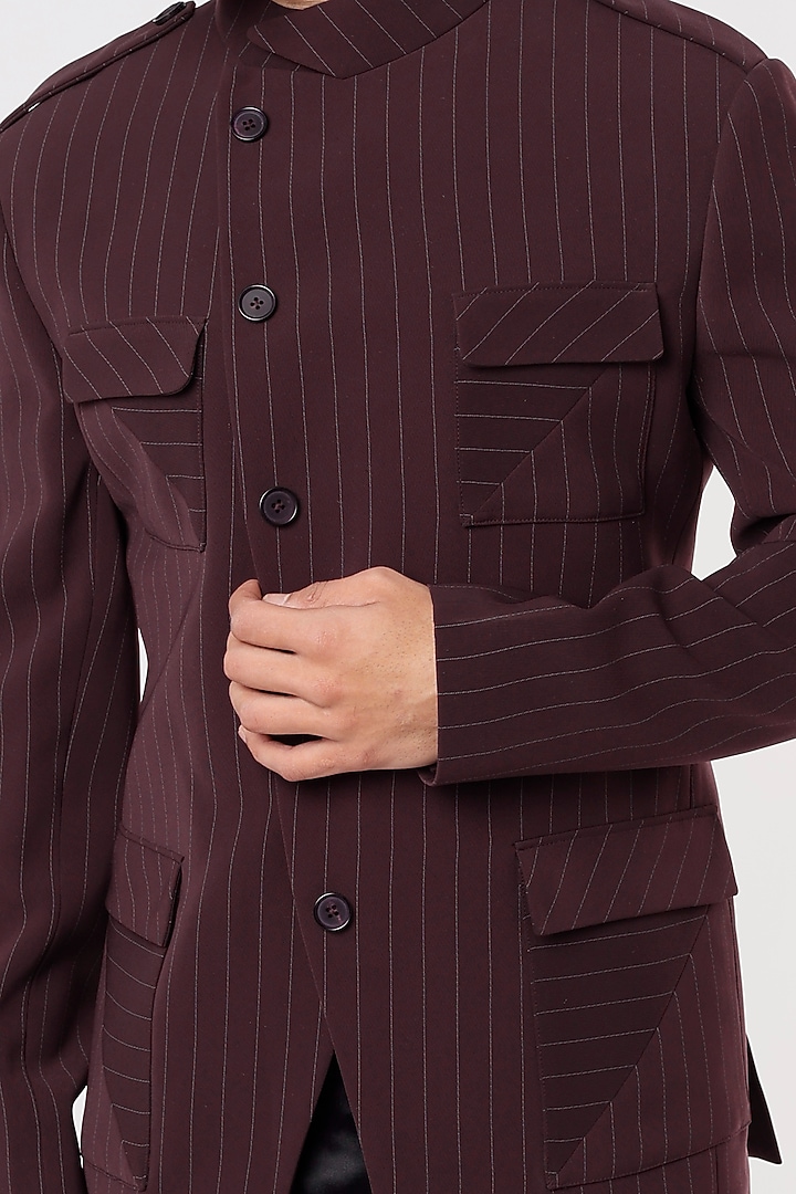 Wine Poly Wool Wedding Bandhgala Set by Prima Czar at Pernia's Pop Up Shop