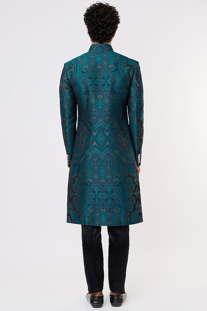 Cobalt Blue Trisected Jacquard Printed Wedding Sherwani Set by Prima Czar at Pernia's Pop Up Shop