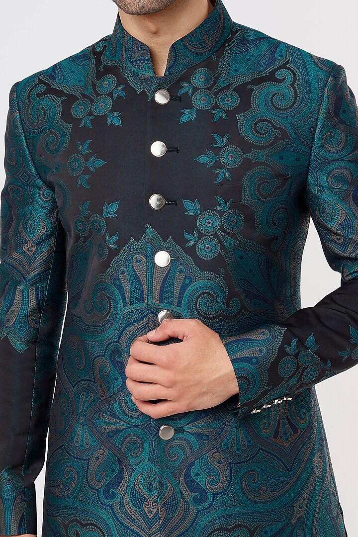 Cobalt Blue Trisected Jacquard Printed Wedding Sherwani Set by Prima Czar at Pernia's Pop Up Shop