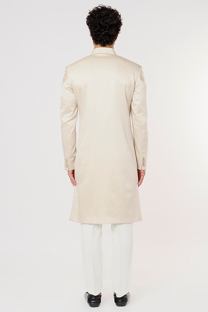 Beige Silk Jacquard Wedding Sherwani Set by Prima Czar at Pernia's Pop Up Shop