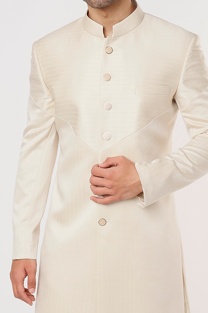 Beige Silk Jacquard Wedding Sherwani Set by Prima Czar at Pernia's Pop Up Shop