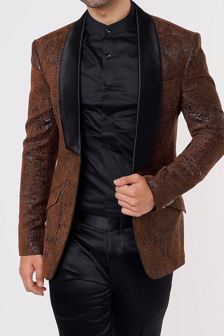 Brown Yarn-Dyed Tuxedo Set by Prima Czar at Pernia's Pop Up Shop