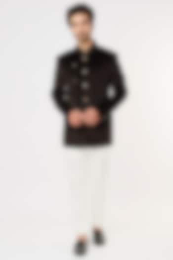 Brown Suede Velvet Wedding Bandhgala Set by Prima Czar at Pernia's Pop Up Shop