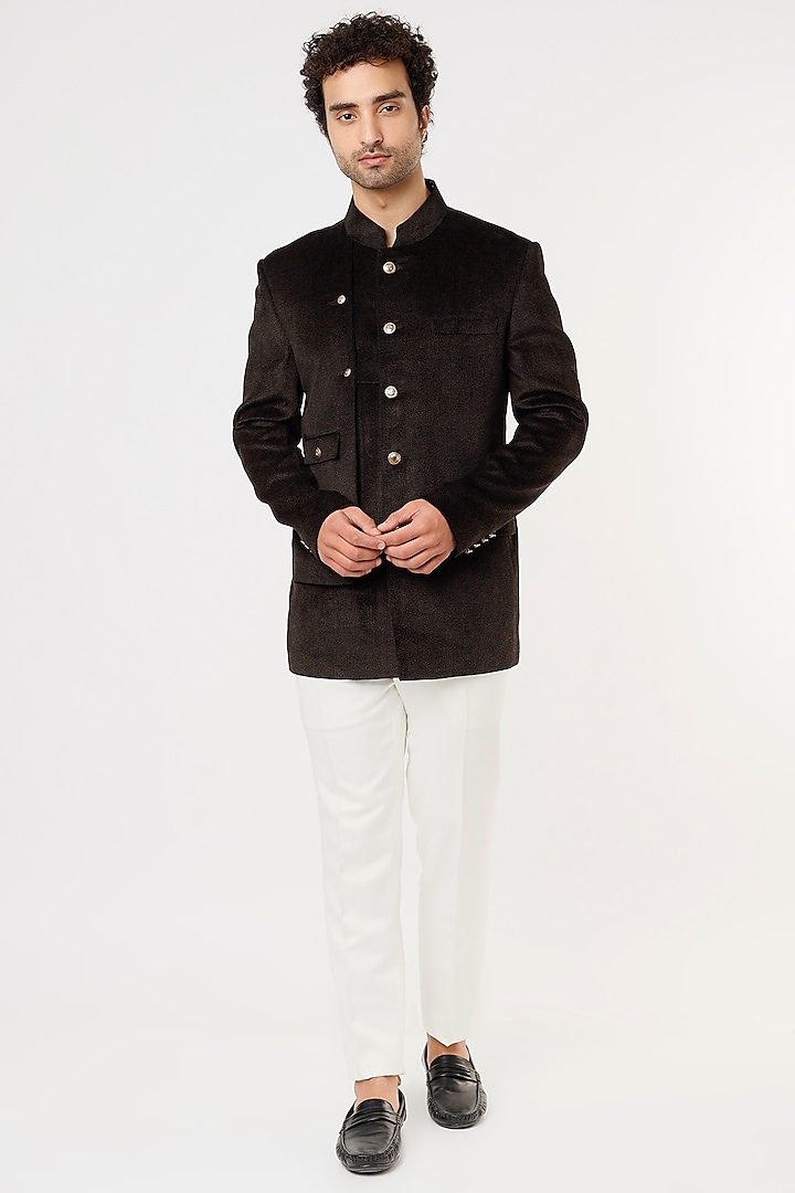 Brown Suede Velvet Wedding Bandhgala Set by Prima Czar at Pernia's Pop Up Shop