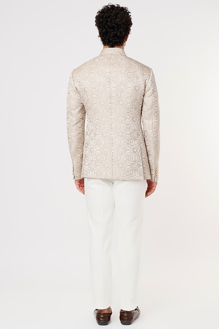 Beige Jacquard Wedding Bandhgala Set by Prima Czar at Pernia's Pop Up Shop