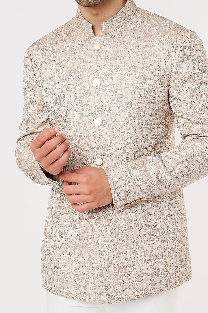 Beige Jacquard Wedding Bandhgala Set by Prima Czar at Pernia's Pop Up Shop