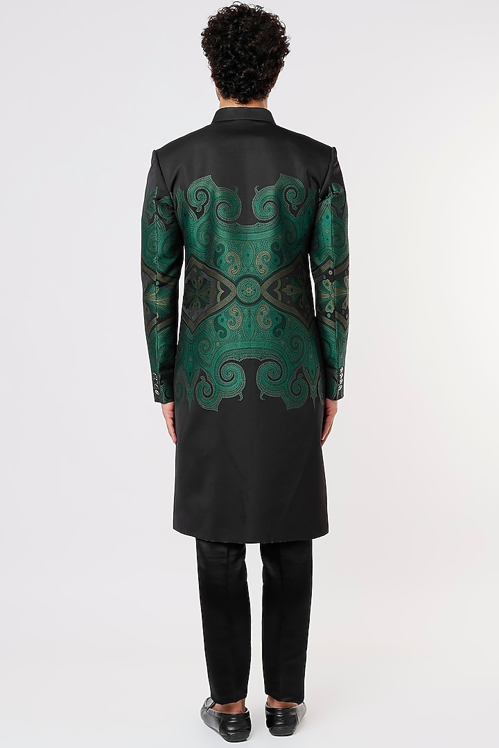Emerald Green Trisected Jacquard Printed Wedding Sherwani Set by Prima Czar at Pernia's Pop Up Shop
