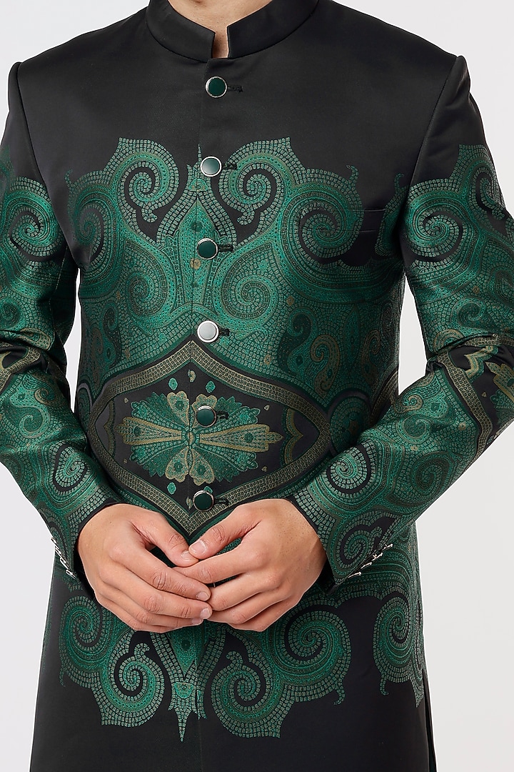 Emerald Green Trisected Jacquard Printed Wedding Sherwani Set by Prima Czar at Pernia's Pop Up Shop