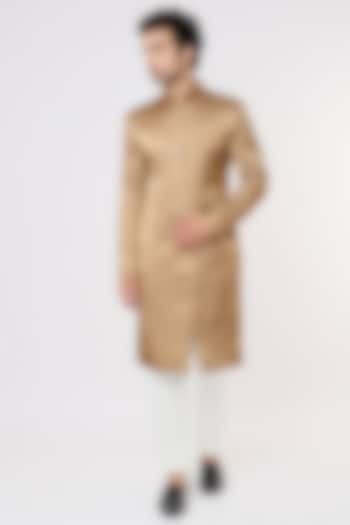 Gold Rayon Cotton & Satin Wedding Sherwani Set by Prima Czar at Pernia's Pop Up Shop