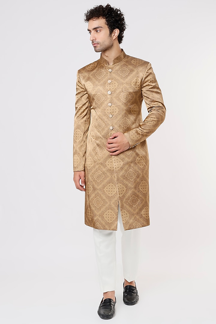 Gold Rayon Cotton & Satin Wedding Sherwani Set by Prima Czar at Pernia's Pop Up Shop