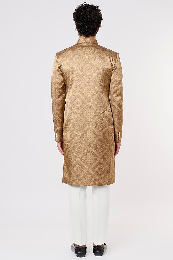 Gold Rayon Cotton & Satin Wedding Sherwani Set by Prima Czar at Pernia's Pop Up Shop