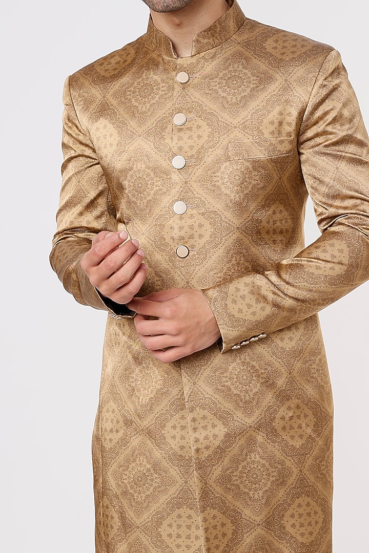 Gold Rayon Cotton & Satin Wedding Sherwani Set by Prima Czar at Pernia's Pop Up Shop