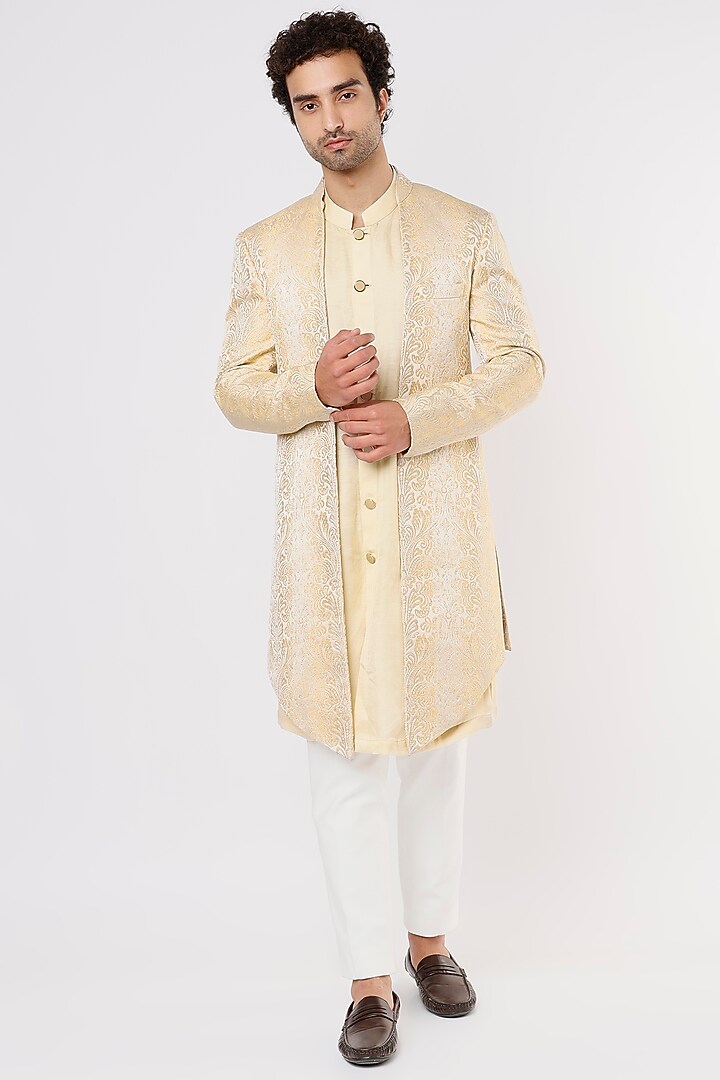 Beige Silk Jacquard Wedding Indowestern Set by Prima Czar at Pernia's Pop Up Shop