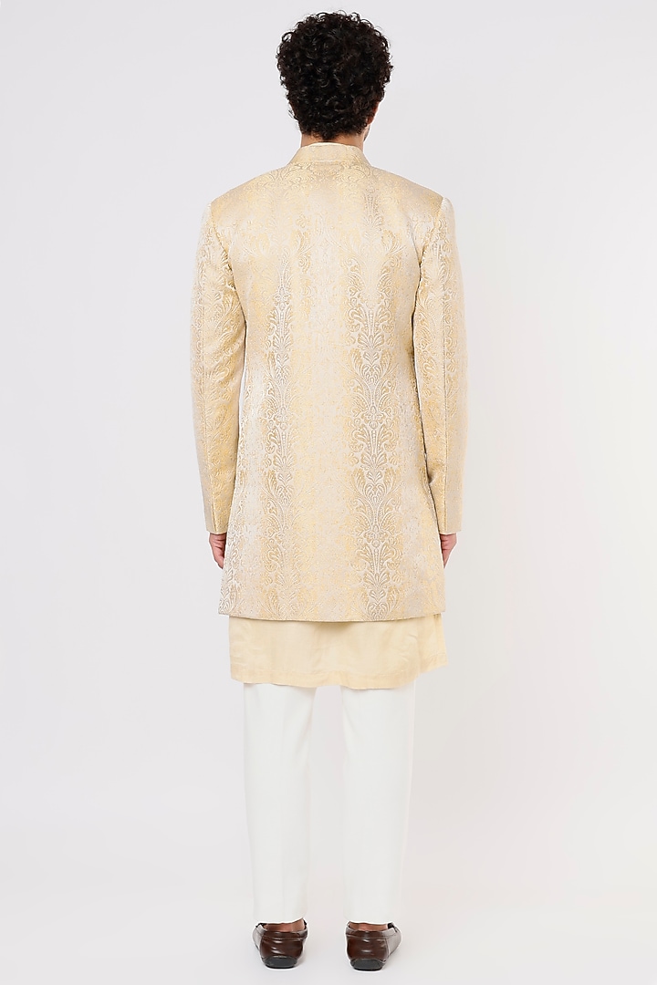 Beige Silk Jacquard Wedding Indowestern Set by Prima Czar at Pernia's Pop Up Shop