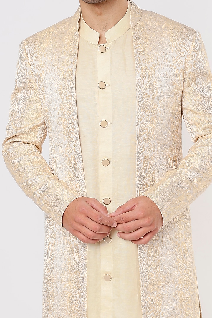 Beige Silk Jacquard Wedding Indowestern Set by Prima Czar at Pernia's Pop Up Shop