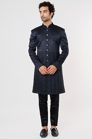 Cobalt Blue Jacquard Sherwani Set by Prima Czar