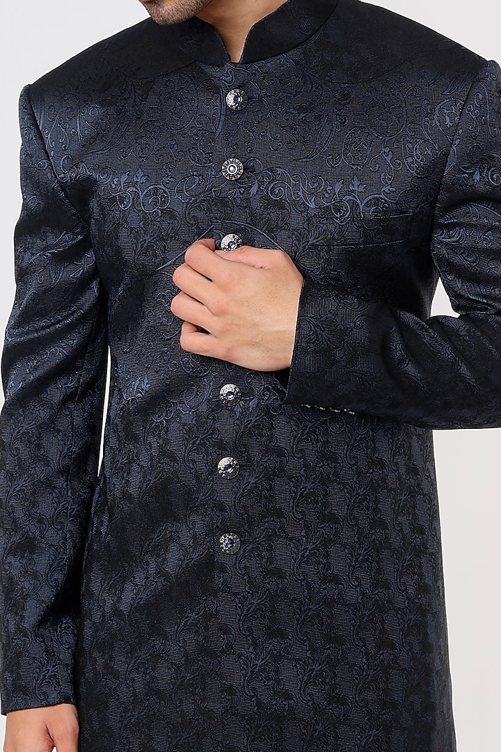 Cobalt Blue Jacquard Wedding Sherwani Set by Prima Czar at Pernia's Pop Up Shop