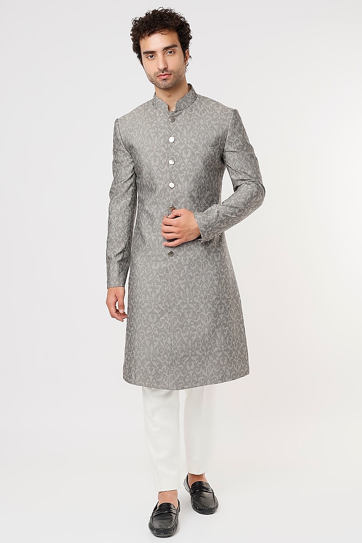 Grey Metallic Jacquard Wedding Sherwani Set by Prima Czar at Pernia's Pop Up Shop