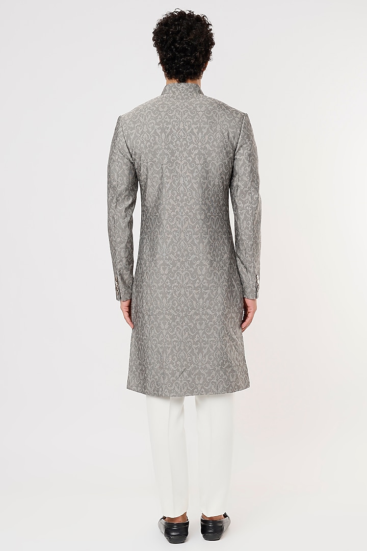 Grey Metallic Jacquard Wedding Sherwani Set by Prima Czar at Pernia's Pop Up Shop