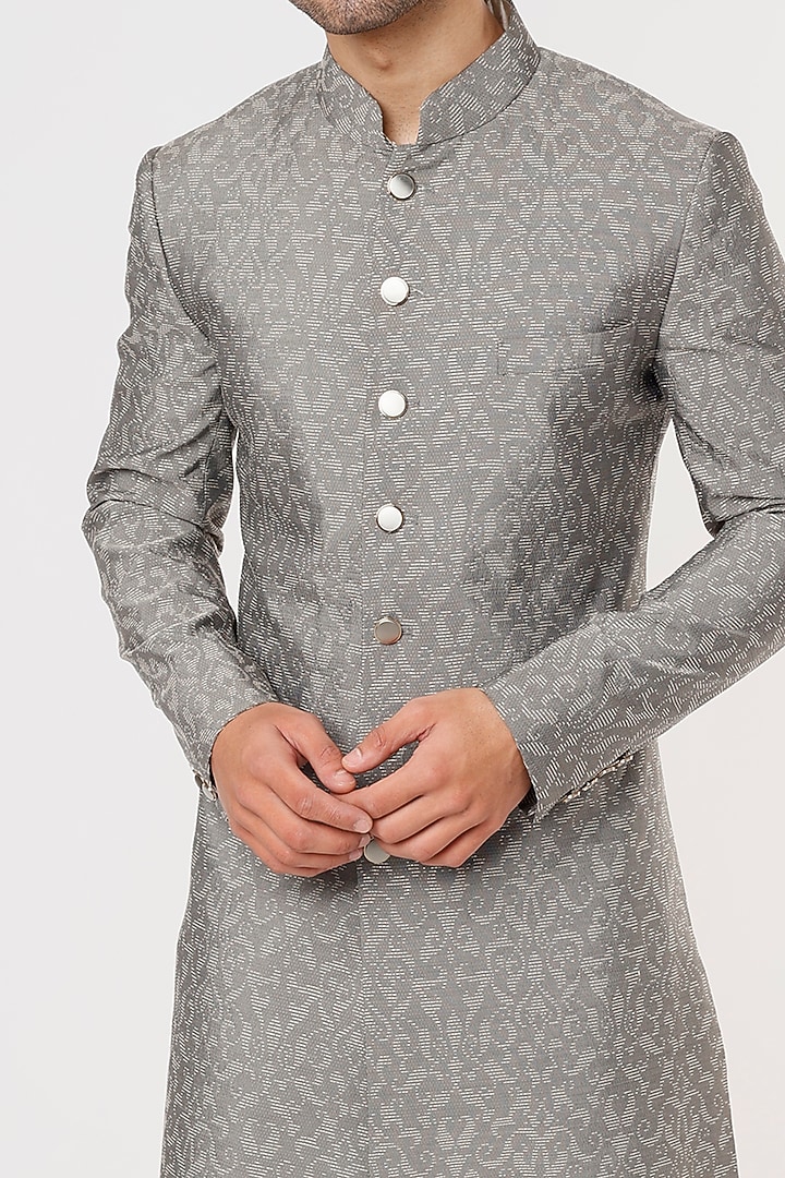 Grey Metallic Jacquard Wedding Sherwani Set by Prima Czar at Pernia's Pop Up Shop