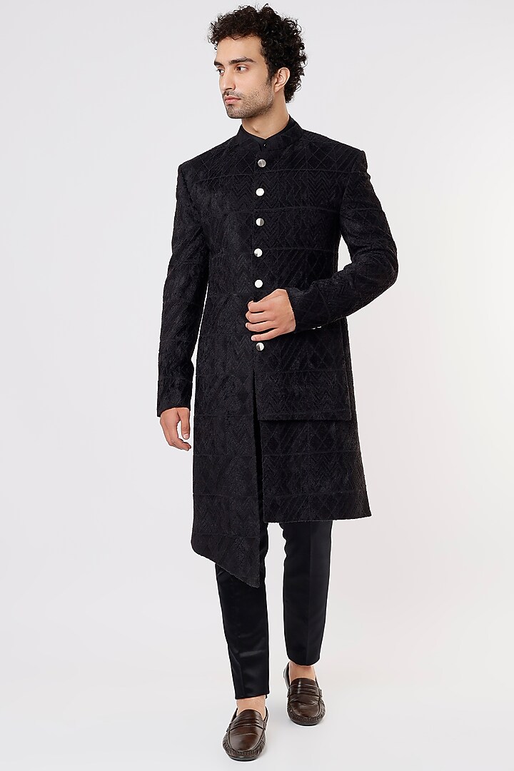 Black Suede Velvet Wedding Indowestern Set by Prima Czar at Pernia's Pop Up Shop