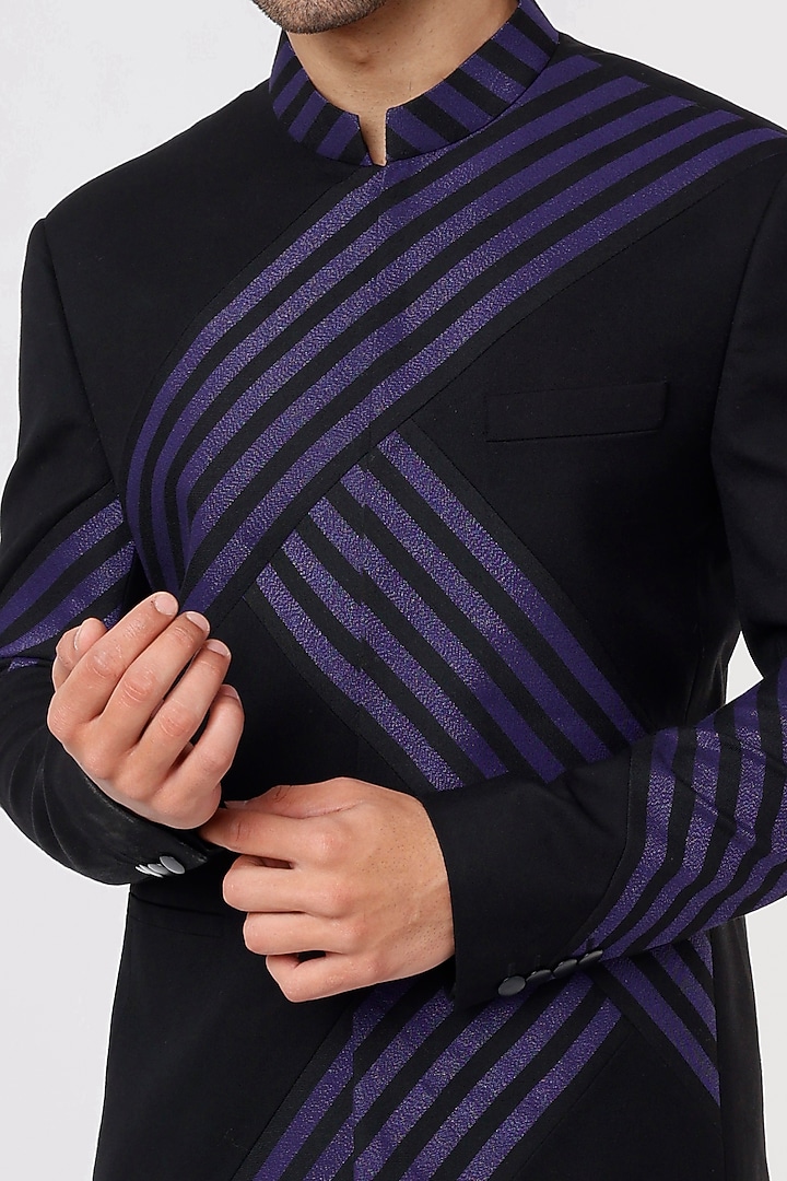 Black Wool Wedding Bandhgala Set by Prima Czar at Pernia's Pop Up Shop