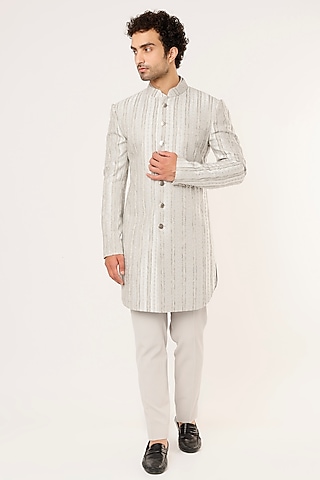 Silver Metallic Jacquard Striped Sherwani Set by Prima Czar