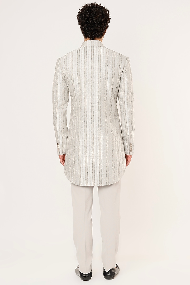 Silver Metallic Jacquard Striped Wedding Sherwani Set by Prima Czar at Pernia's Pop Up Shop
