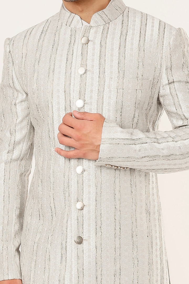Silver Metallic Jacquard Striped Wedding Sherwani Set by Prima Czar at Pernia's Pop Up Shop