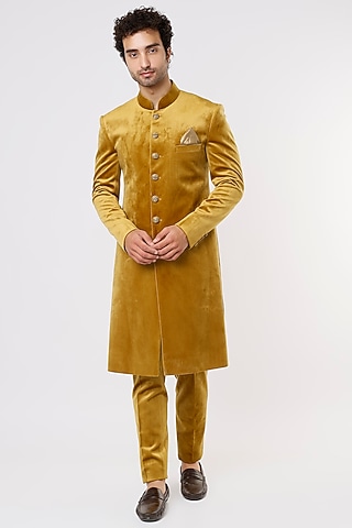 Mustard Suede Velvet Hand Embroidered Sherwani Set by Prima Czar