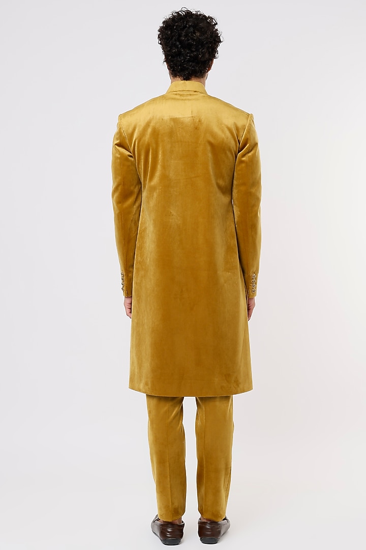 Mustard Suede Velvet Hand Embroidered Wedding Sherwani Set by Prima Czar at Pernia's Pop Up Shop