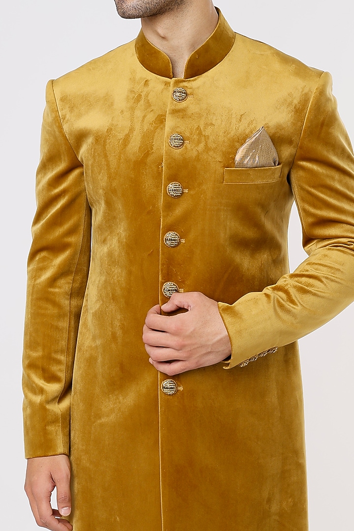 Mustard Suede Velvet Hand Embroidered Wedding Sherwani Set by Prima Czar at Pernia's Pop Up Shop
