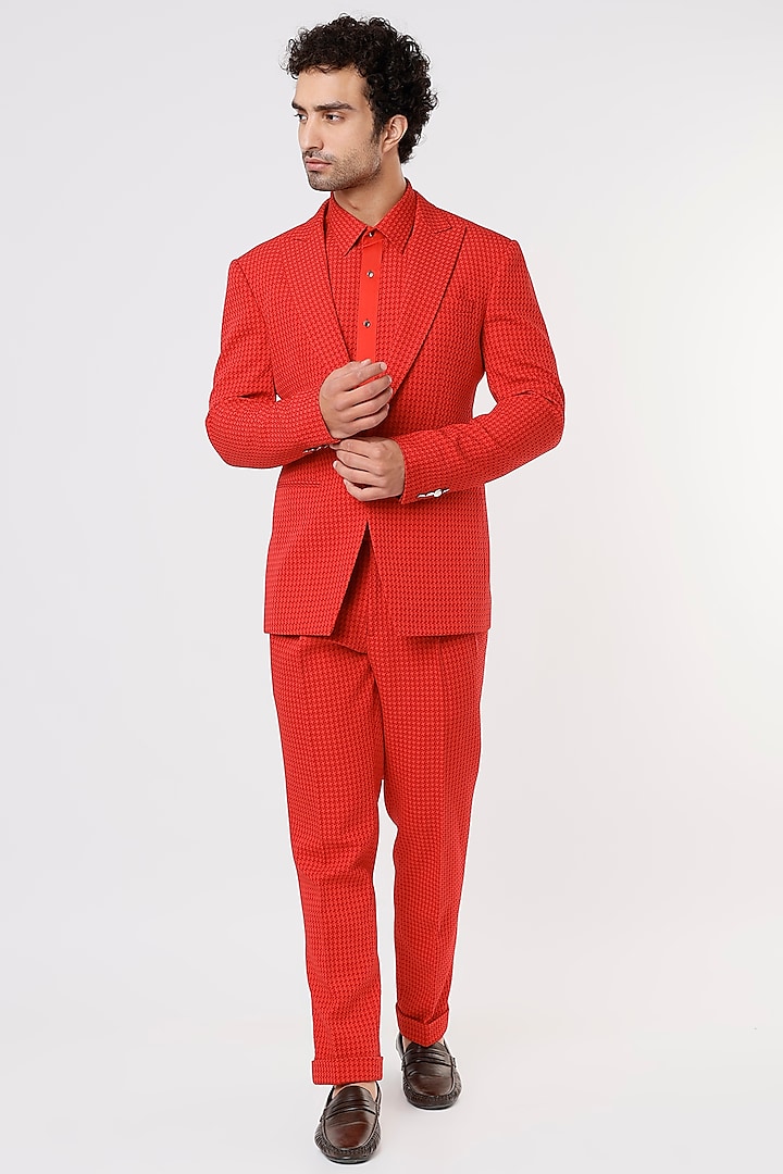 Red Jacquard Blazer Set by Prima Czar
