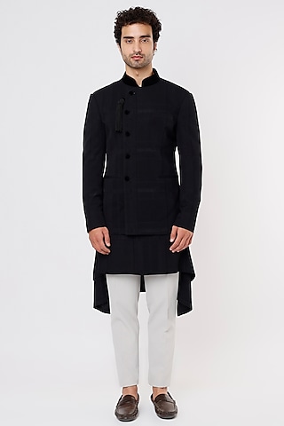 Black Rayon A-line Kurta Set With Bandhgala Jacket by Prima Czar