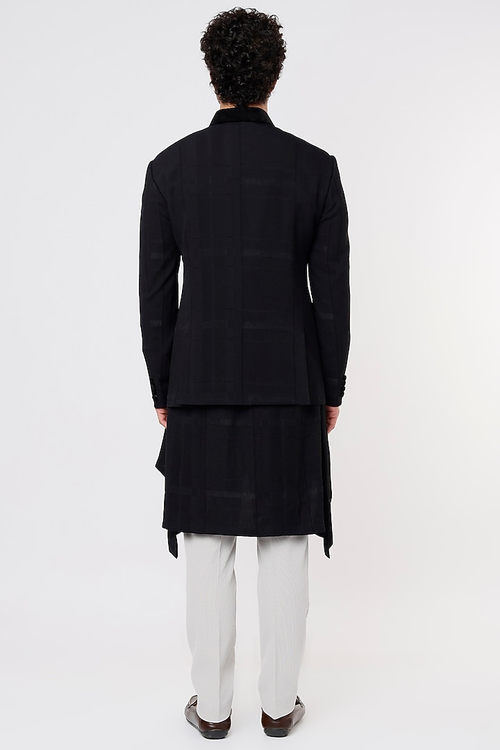 Black Rayon A-line Kurta Set With Wedding Bandhgala Jacket by Prima Czar at Pernia's Pop Up Shop