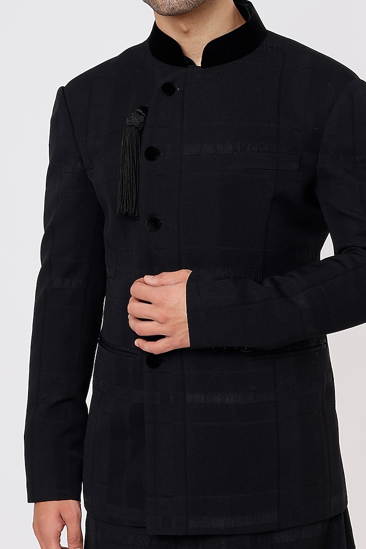 Black Rayon A-line Kurta Set With Wedding Bandhgala Jacket by Prima Czar at Pernia's Pop Up Shop