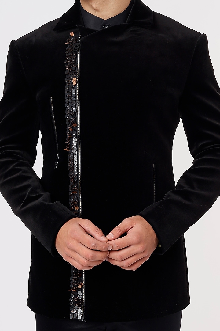 Black Cotton Velvet Hand Embroidered Jacket Set by Prima Czar at Pernia's Pop Up Shop