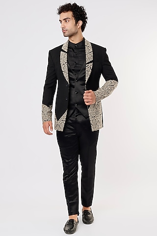 Black Rayon Blazer Set by Prima Czar