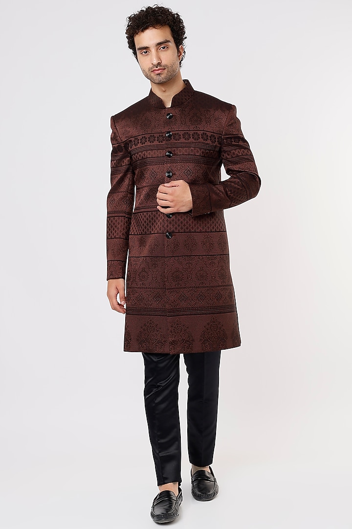 Brown Yarn-Dyed Jacquard Wedding Sherwani Set by Prima Czar at Pernia's Pop Up Shop