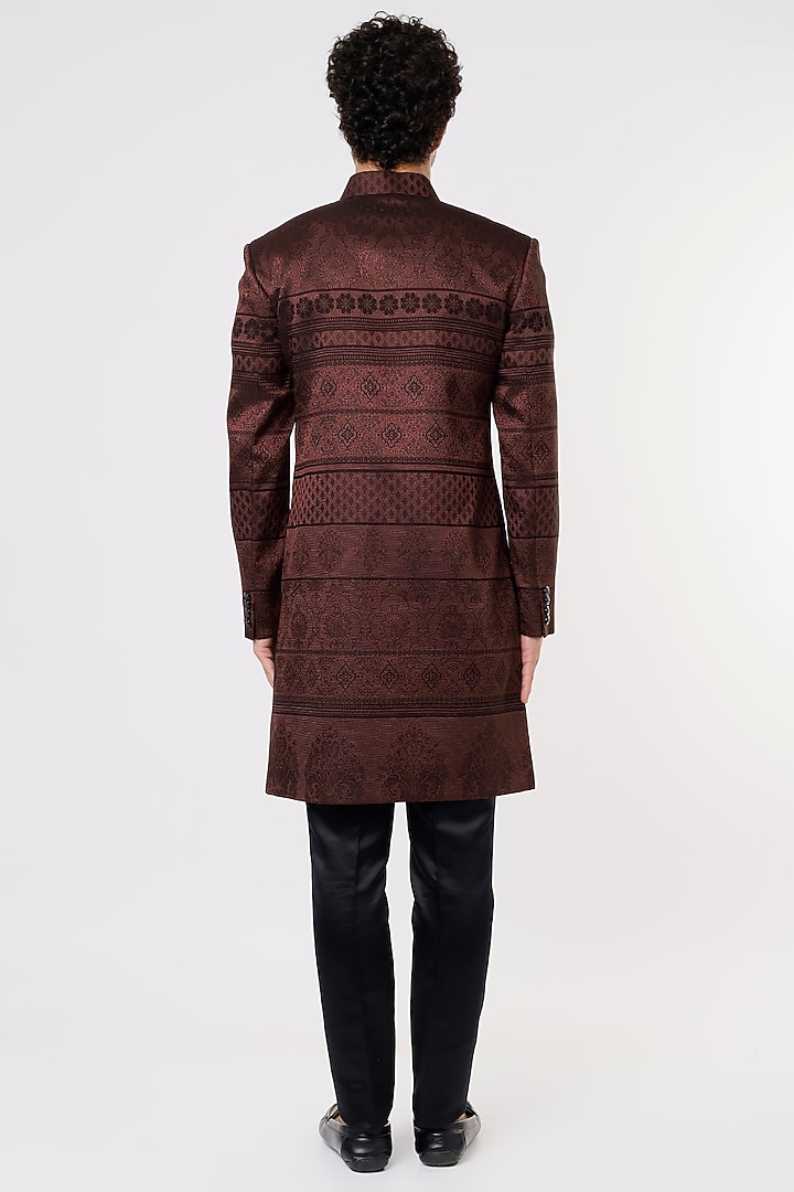 Brown Yarn-Dyed Jacquard Wedding Sherwani Set by Prima Czar at Pernia's Pop Up Shop