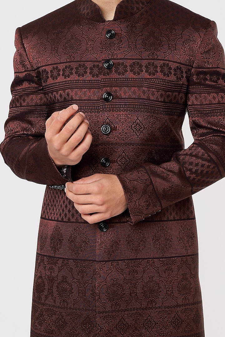 Brown Yarn-Dyed Jacquard Wedding Sherwani Set by Prima Czar at Pernia's Pop Up Shop