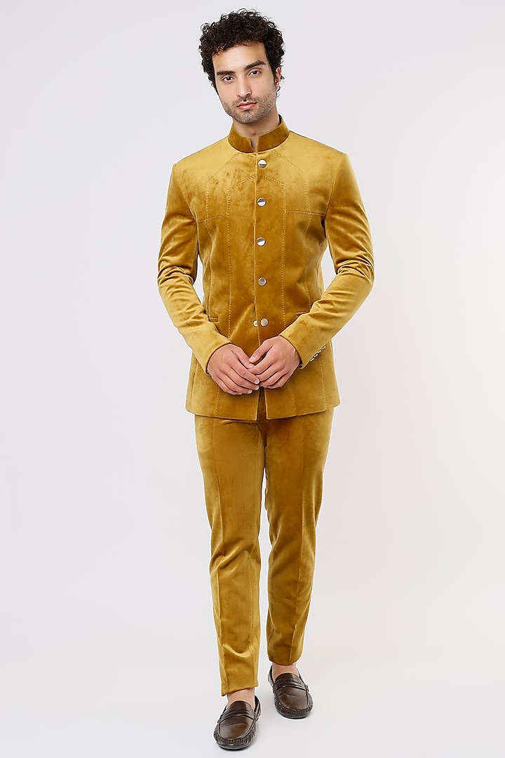 Mustard Suede Velvet Bandhgala Set by Prima Czar