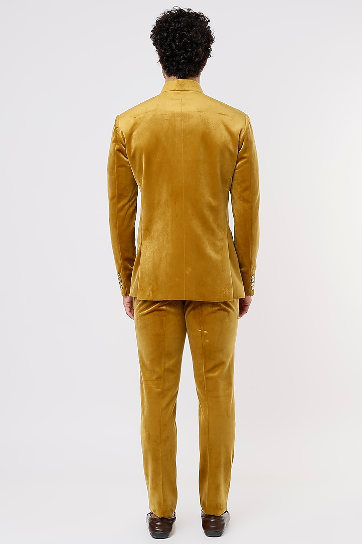 Mustard Suede Velvet Wedding Bandhgala Set by Prima Czar at Pernia's Pop Up Shop